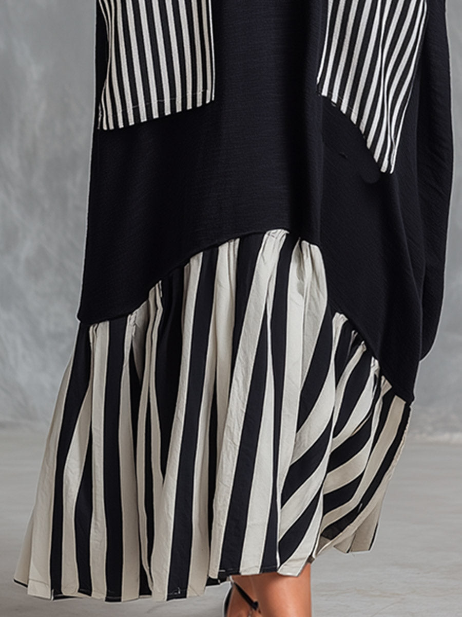 Stefania | Vestido largo holgado de algodón negro con rayas de estilo patchwork