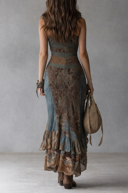 Elena ∙ Vestido largo asimétrico con estampado étnico y abertura lateral