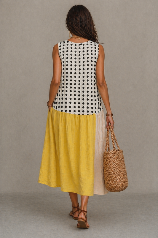 Lía | Vestido midi de bloques de color con lunares