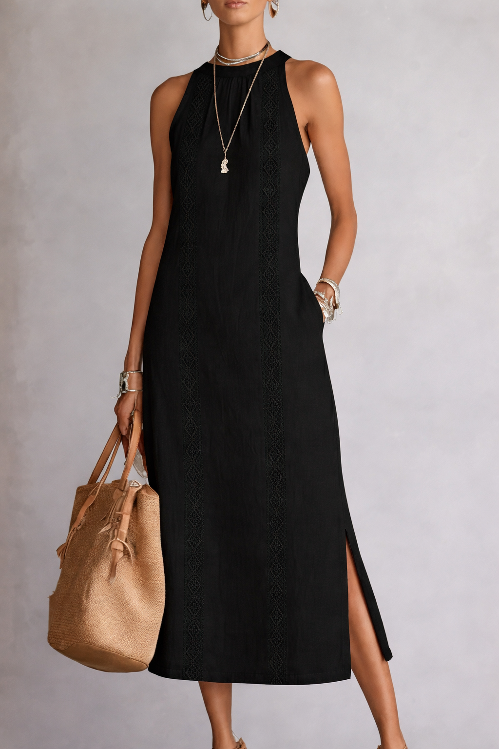 Jimena | Vestido midi de lino con cuello mao