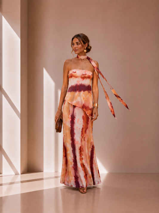Vestido largo estampado con escote palabra de honor