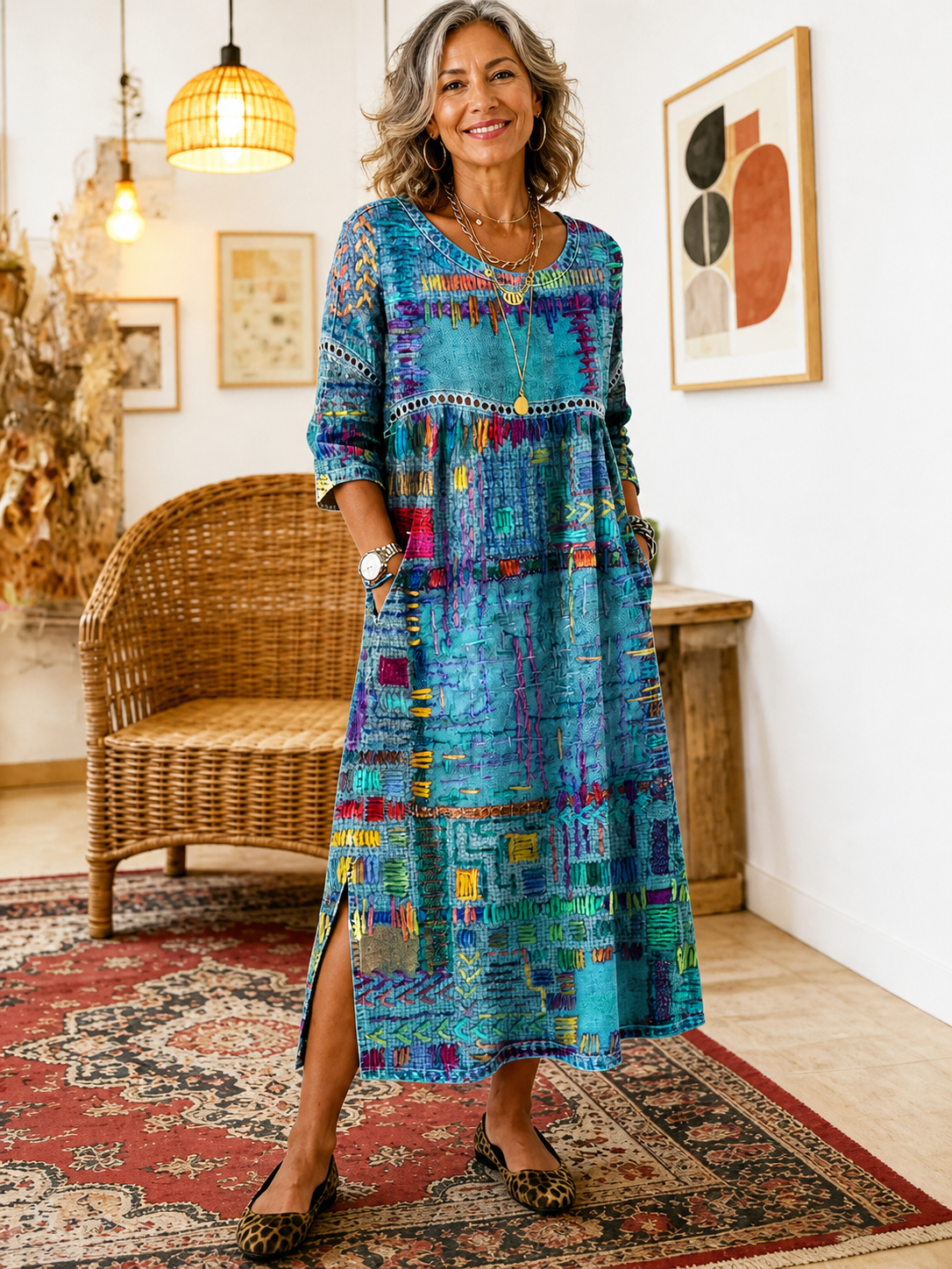 Manuela | Vestido Denim con Patchwork Étnico