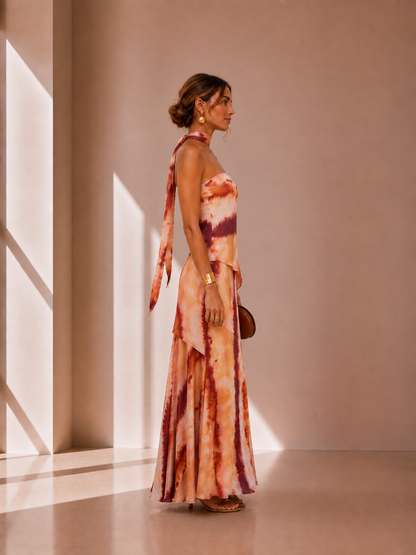 Vestido largo estampado con escote palabra de honor