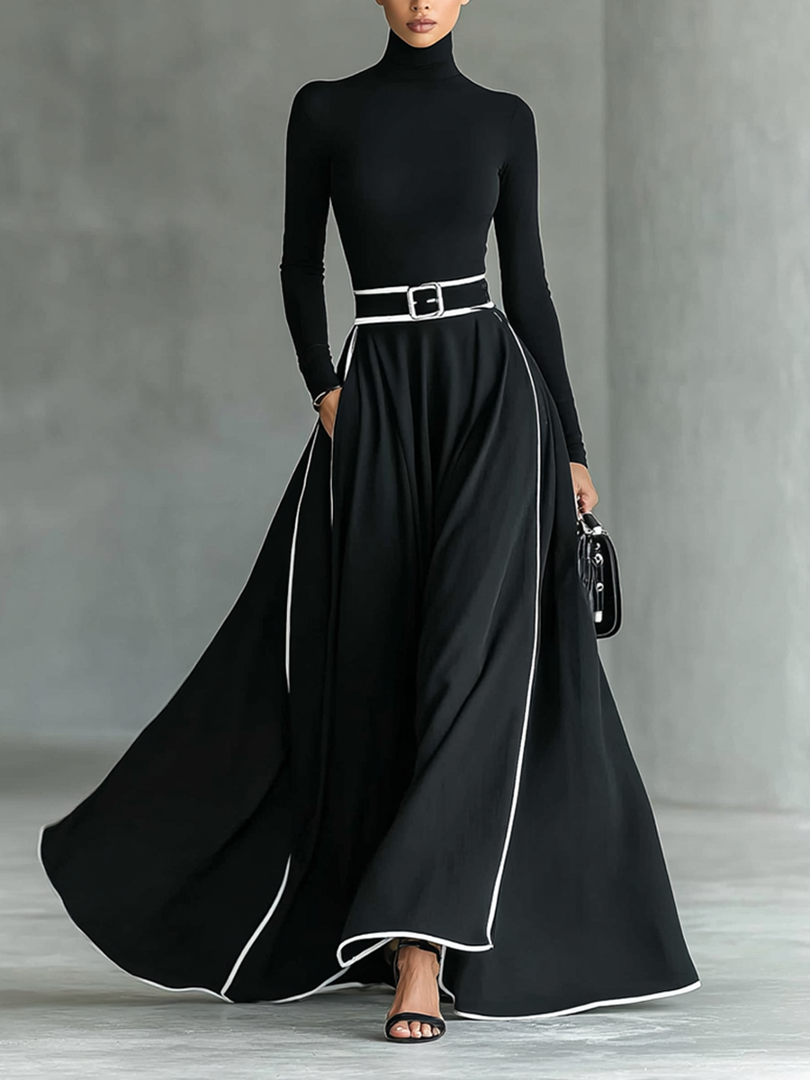 Gina – Vestido Maxi Negro de Mujer con Costuras Blancas, Cuello Alto, Manga Larga y Cintura Entallada