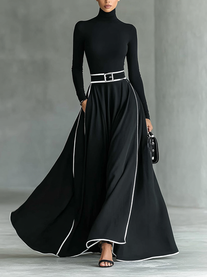 Gina – Vestido Maxi Negro de Mujer con Costuras Blancas, Cuello Alto, Manga Larga y Cintura Entallada