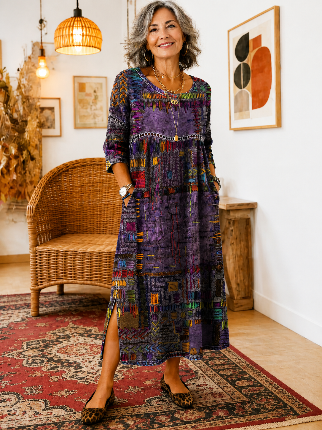 Manuela | Vestido Denim con Patchwork Étnico