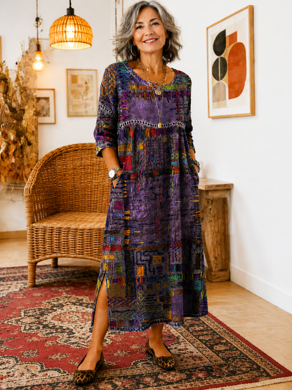Manuela | Vestido Denim con Patchwork Étnico