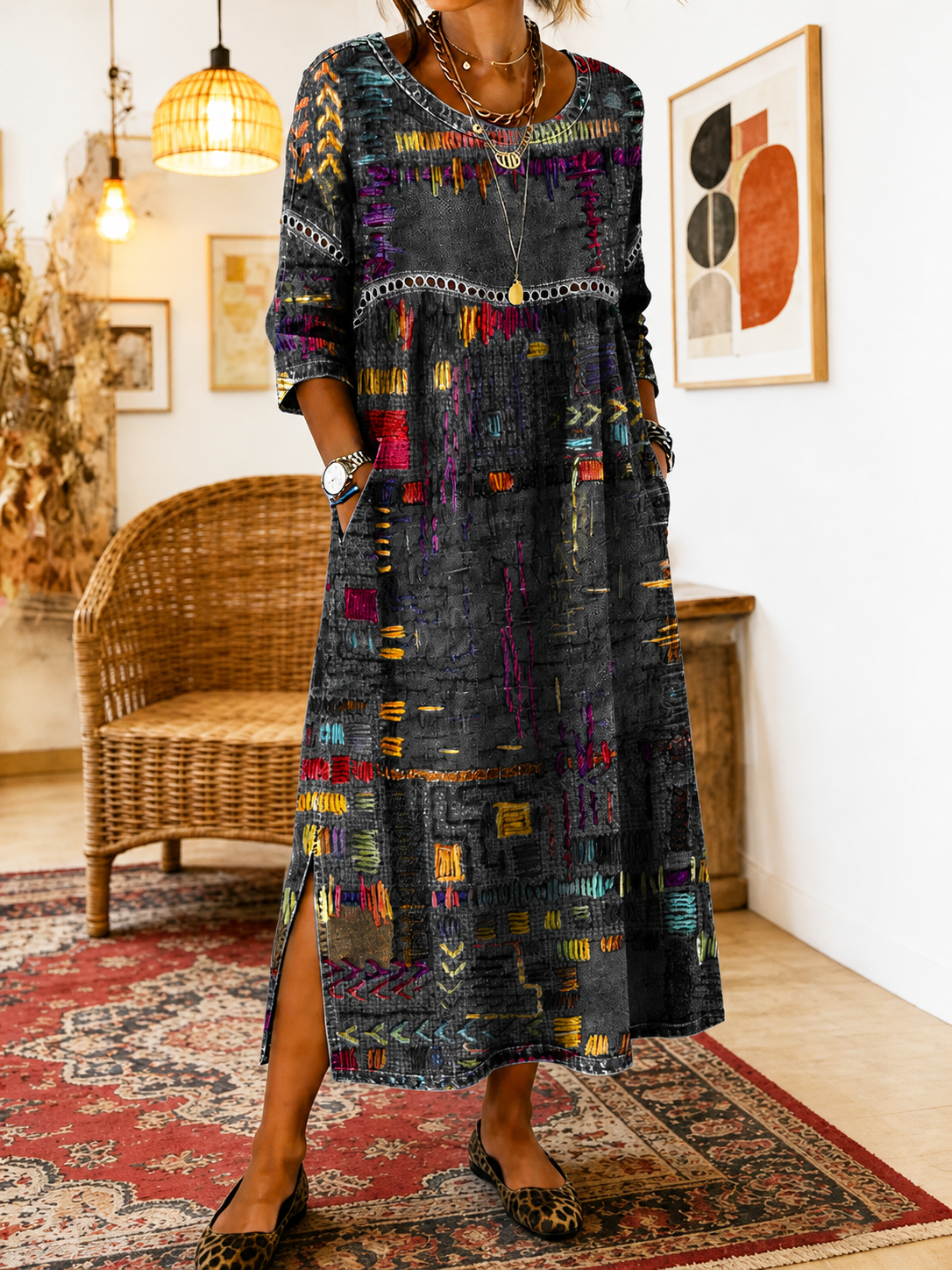 Manuela | Vestido Denim con Patchwork Étnico