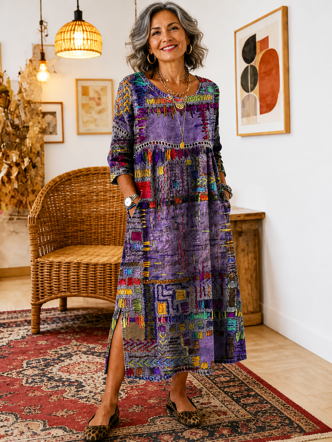 Manuela | Vestido Denim con Patchwork Étnico