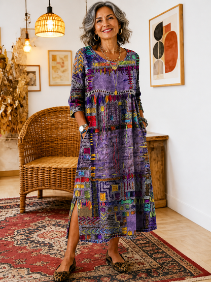 Manuela | Vestido Denim con Patchwork Étnico