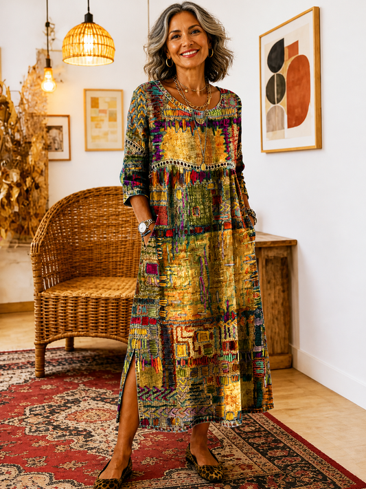 Manuela | Vestido Denim con Patchwork Étnico