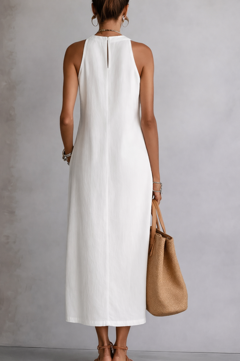 Jimena | Vestido midi de lino con cuello mao