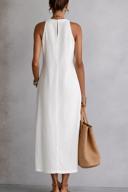 Jimena | Vestido midi de lino con cuello mao