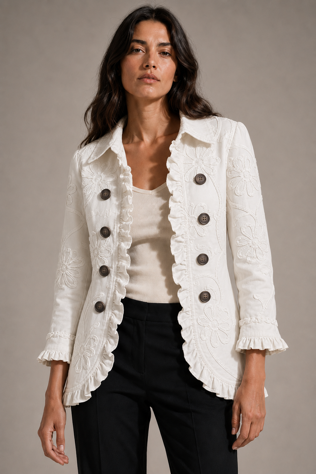 Addolorata | Chaqueta de cachemir verde estampada con volantes