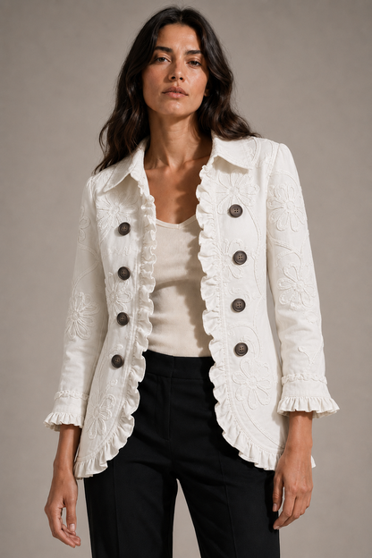 Addolorata | Chaqueta de cachemir verde estampada con volantes