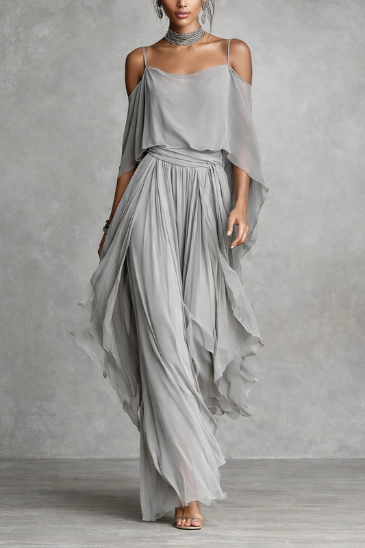 Isabela | Conjunto fluido gris con top de tirantes y pantalón ligero