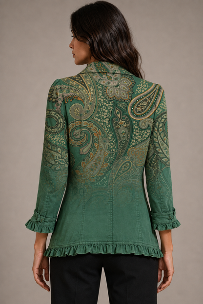 Addolorata | Chaqueta de cachemir verde estampada con volantes