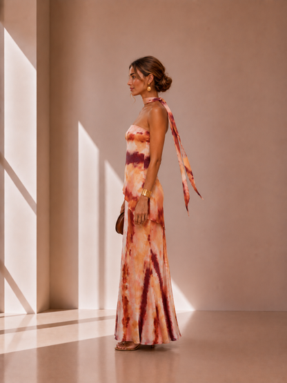 Vestido largo estampado con escote palabra de honor