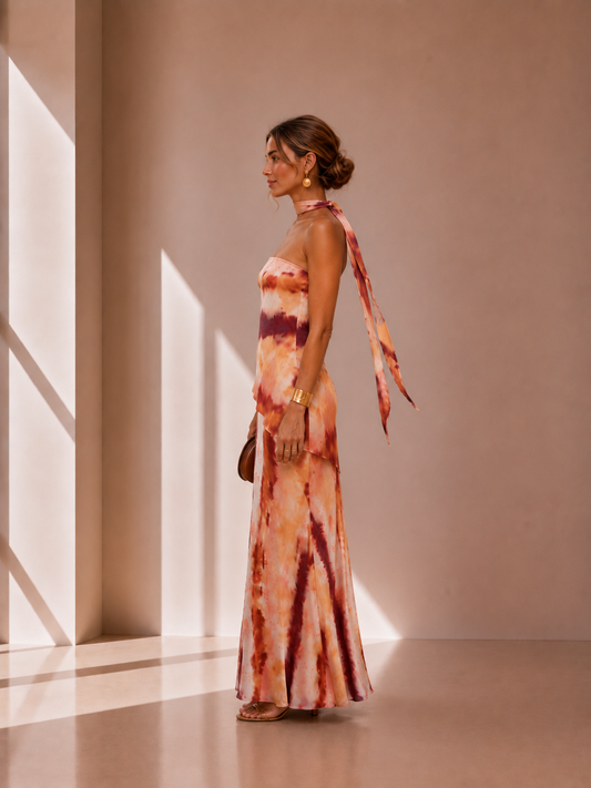 Vestido largo estampado con escote palabra de honor