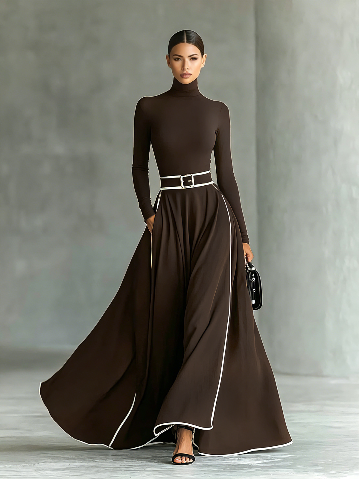 Gina – Vestido Maxi Negro de Mujer con Costuras Blancas, Cuello Alto, Manga Larga y Cintura Entallada