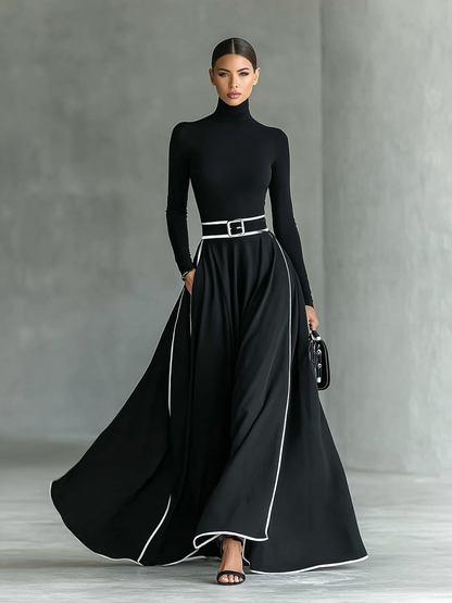 Gina – Vestido Maxi Negro de Mujer con Costuras Blancas, Cuello Alto, Manga Larga y Cintura Entallada