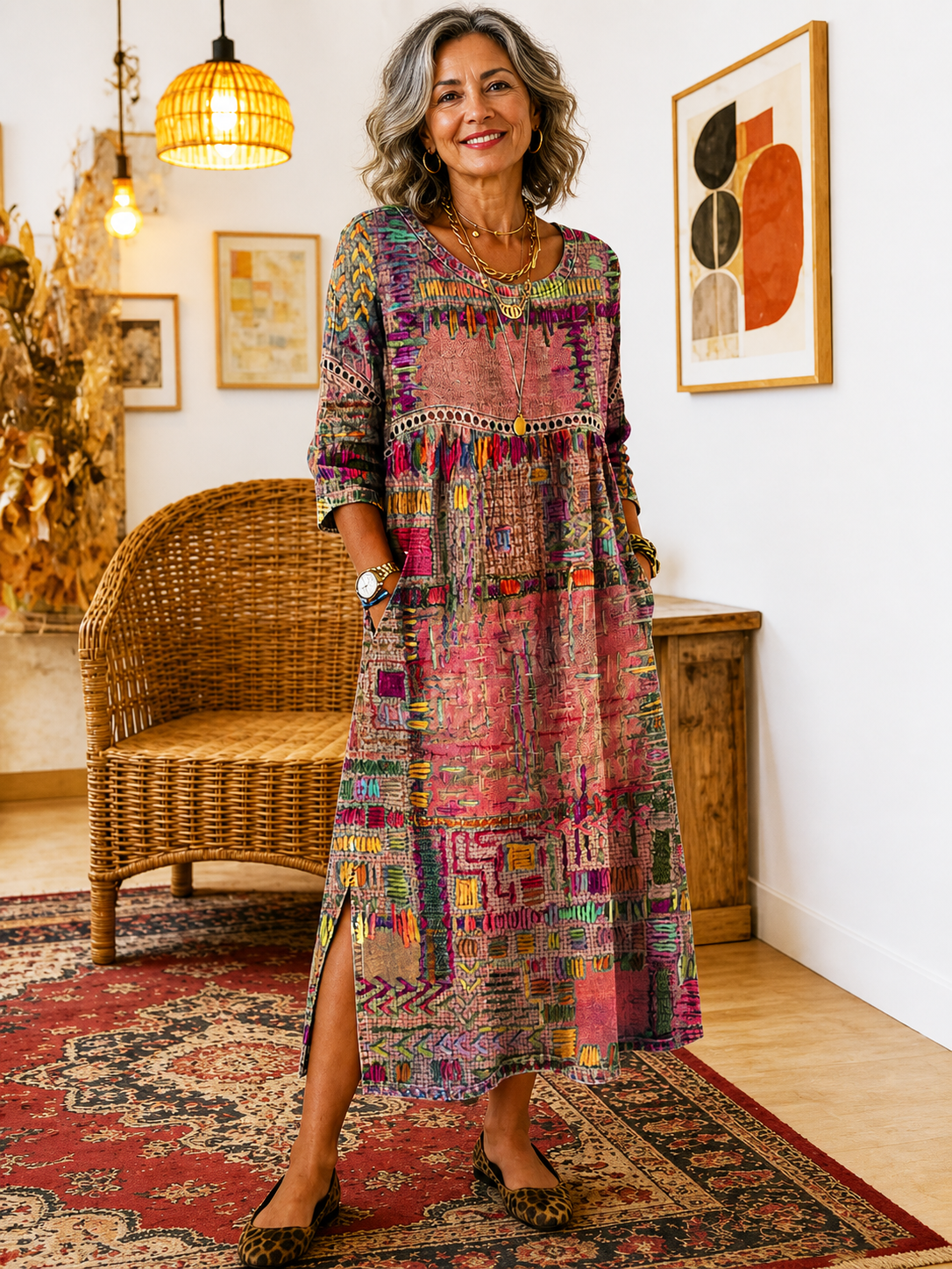 Manuela | Vestido Denim con Patchwork Étnico