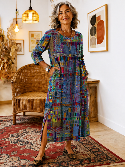Manuela | Vestido Denim con Patchwork Étnico