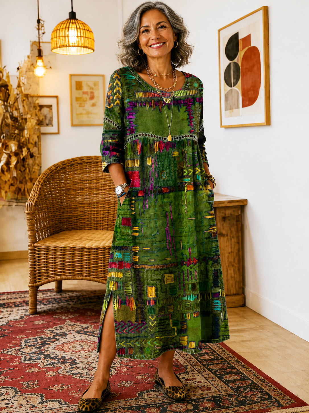 Manuela | Vestido Denim con Patchwork Étnico