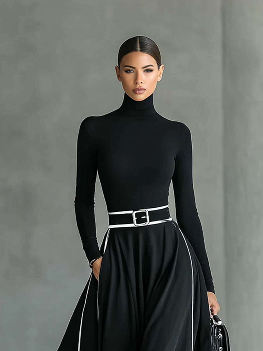 Gina – Vestido Maxi Negro de Mujer con Costuras Blancas, Cuello Alto, Manga Larga y Cintura Entallada