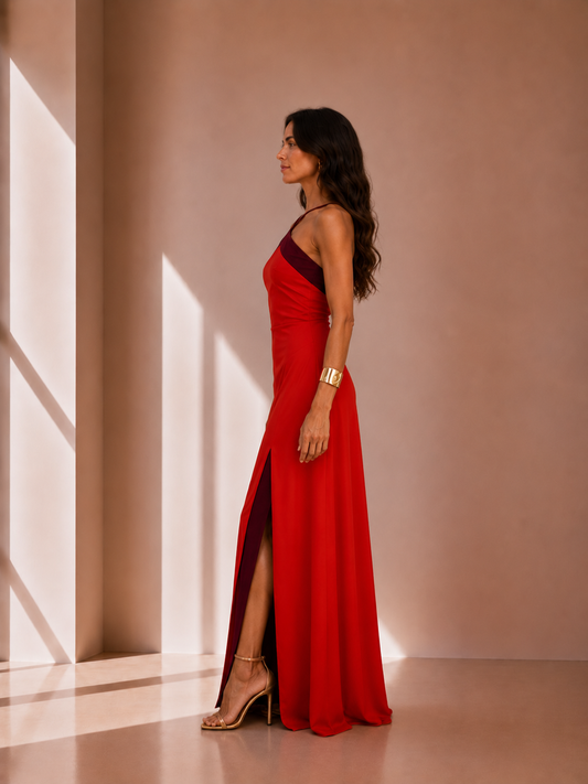 Vestido largo halter con abertura