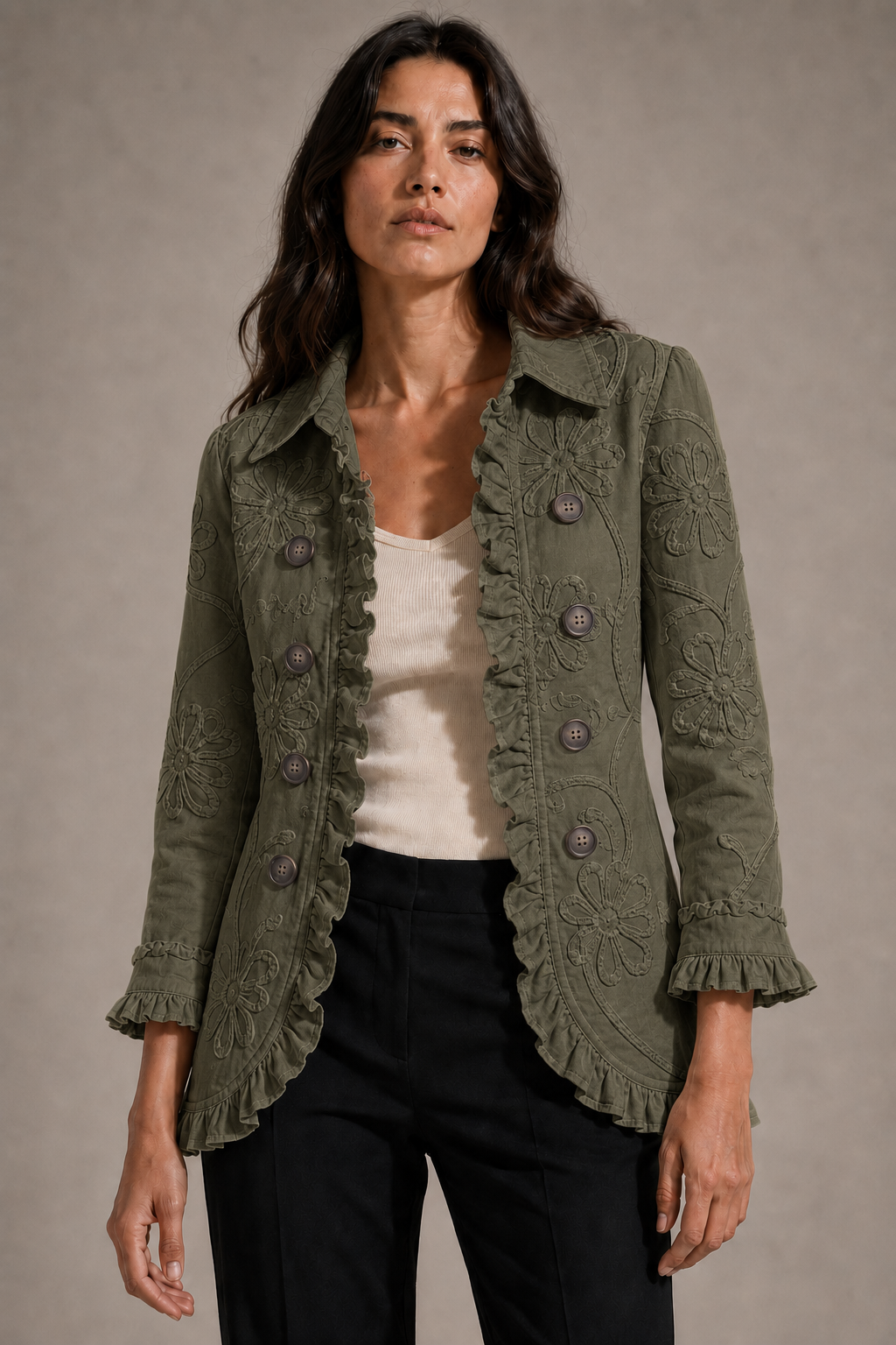 Addolorata | Chaqueta de cachemir verde estampada con volantes