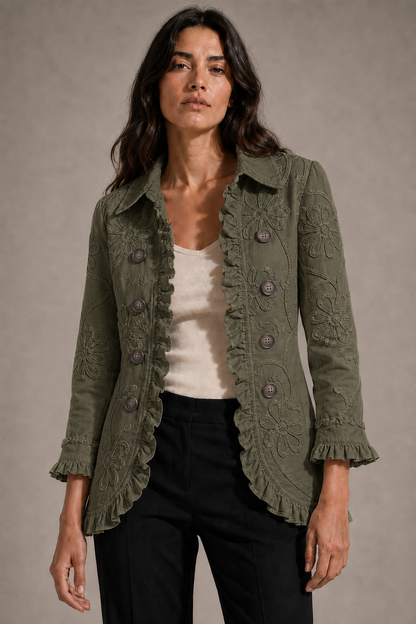 Addolorata | Chaqueta de cachemir verde estampada con volantes