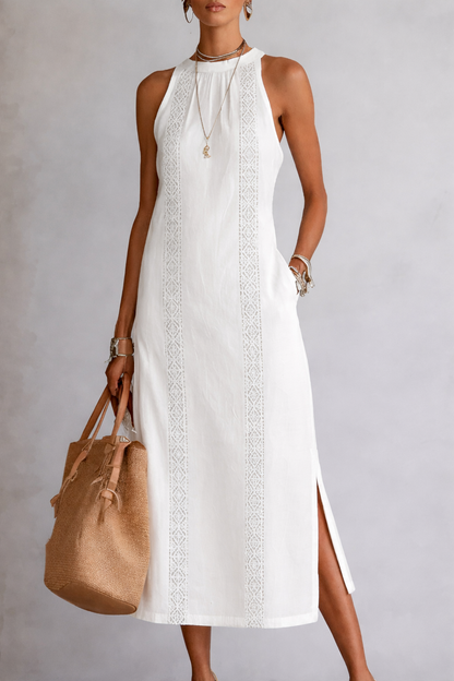 Jimena | Vestido midi de lino con cuello mao