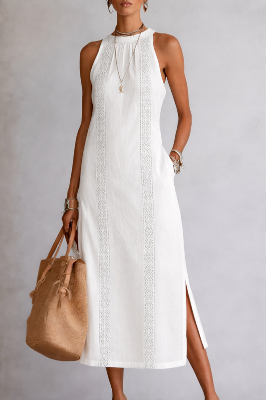 Jimena | Vestido midi de lino con cuello mao