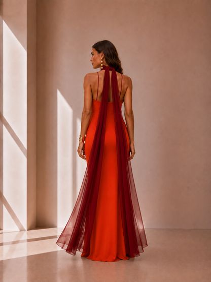 Vestido Largo Drapeado Bicolor