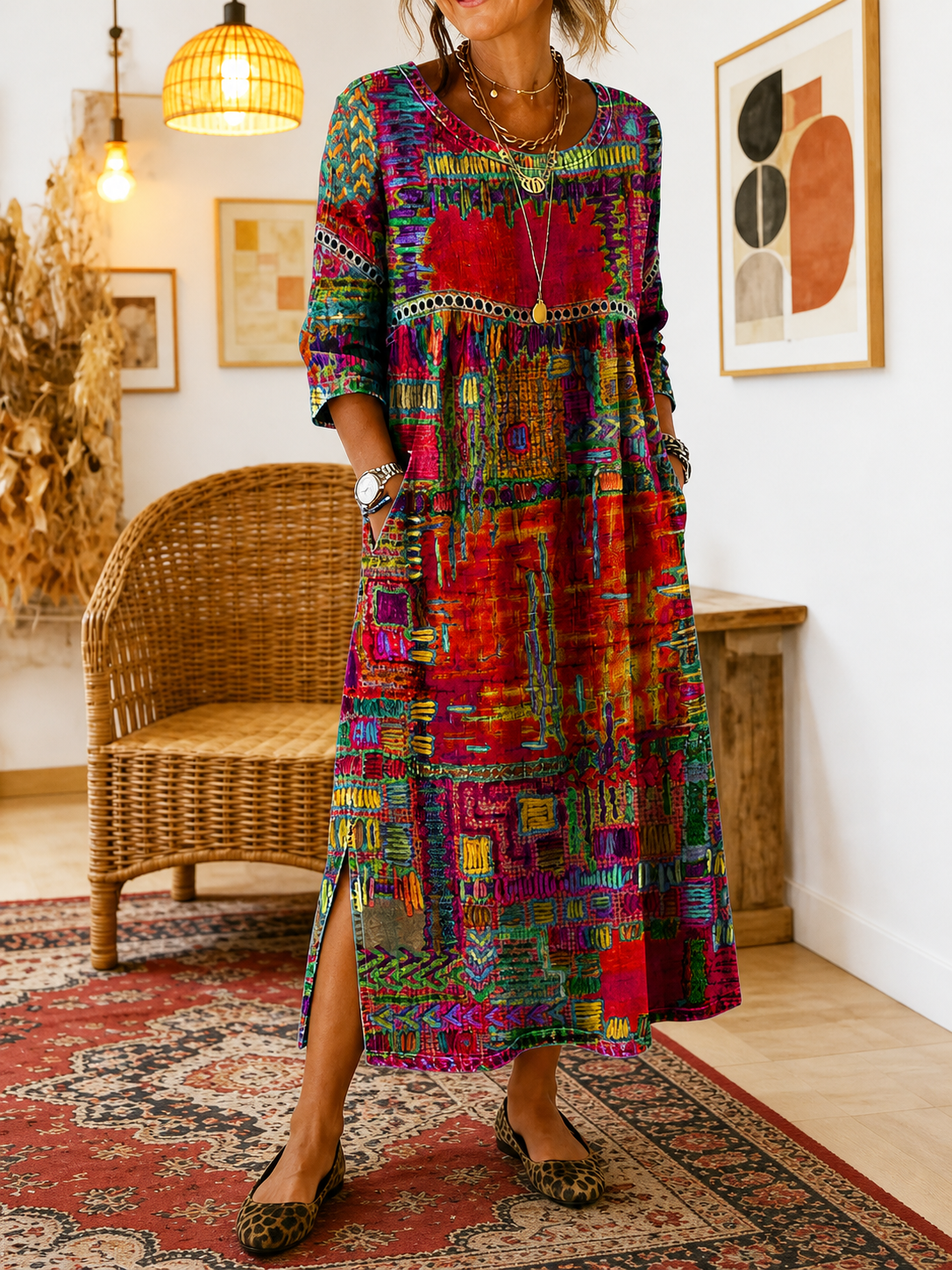 Manuela | Vestido Denim con Patchwork Étnico
