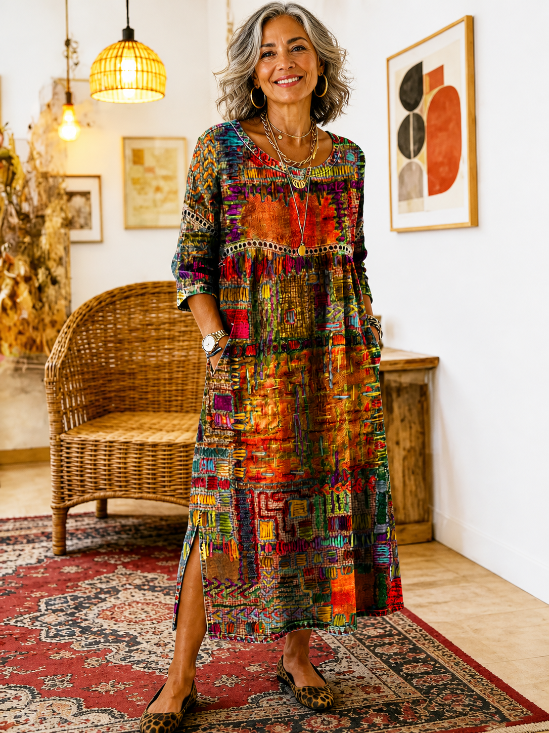 Manuela | Vestido Denim con Patchwork Étnico