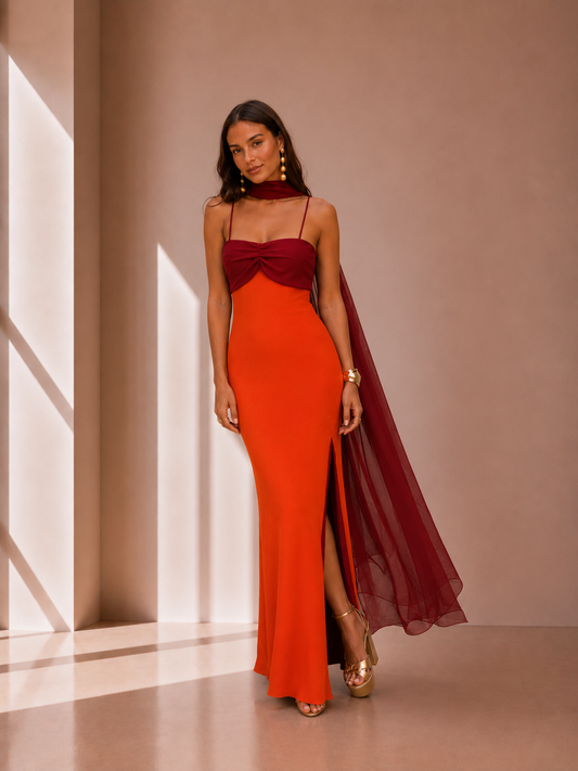 Vestido Largo Drapeado Bicolor