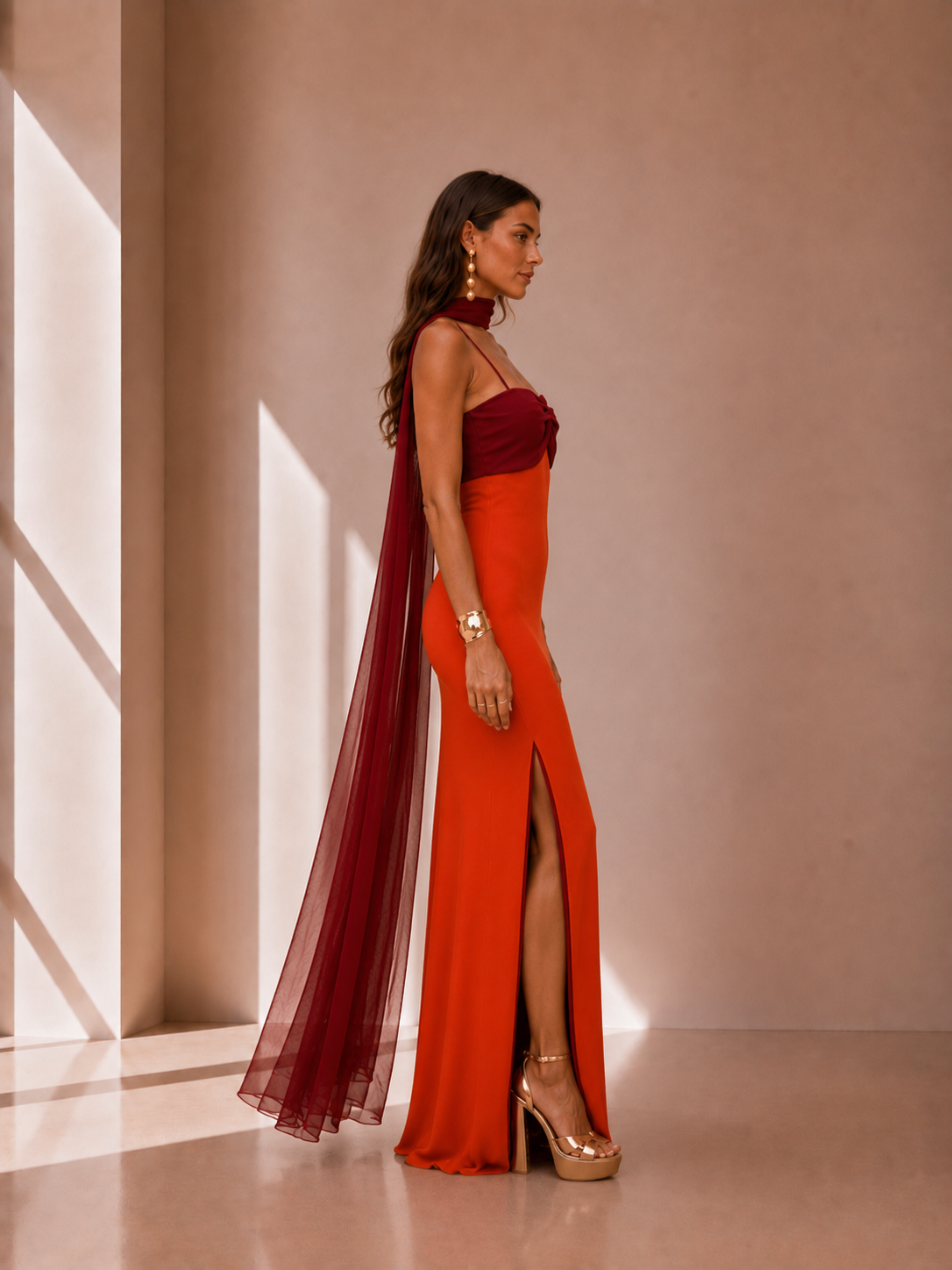 Vestido Largo Drapeado Bicolor