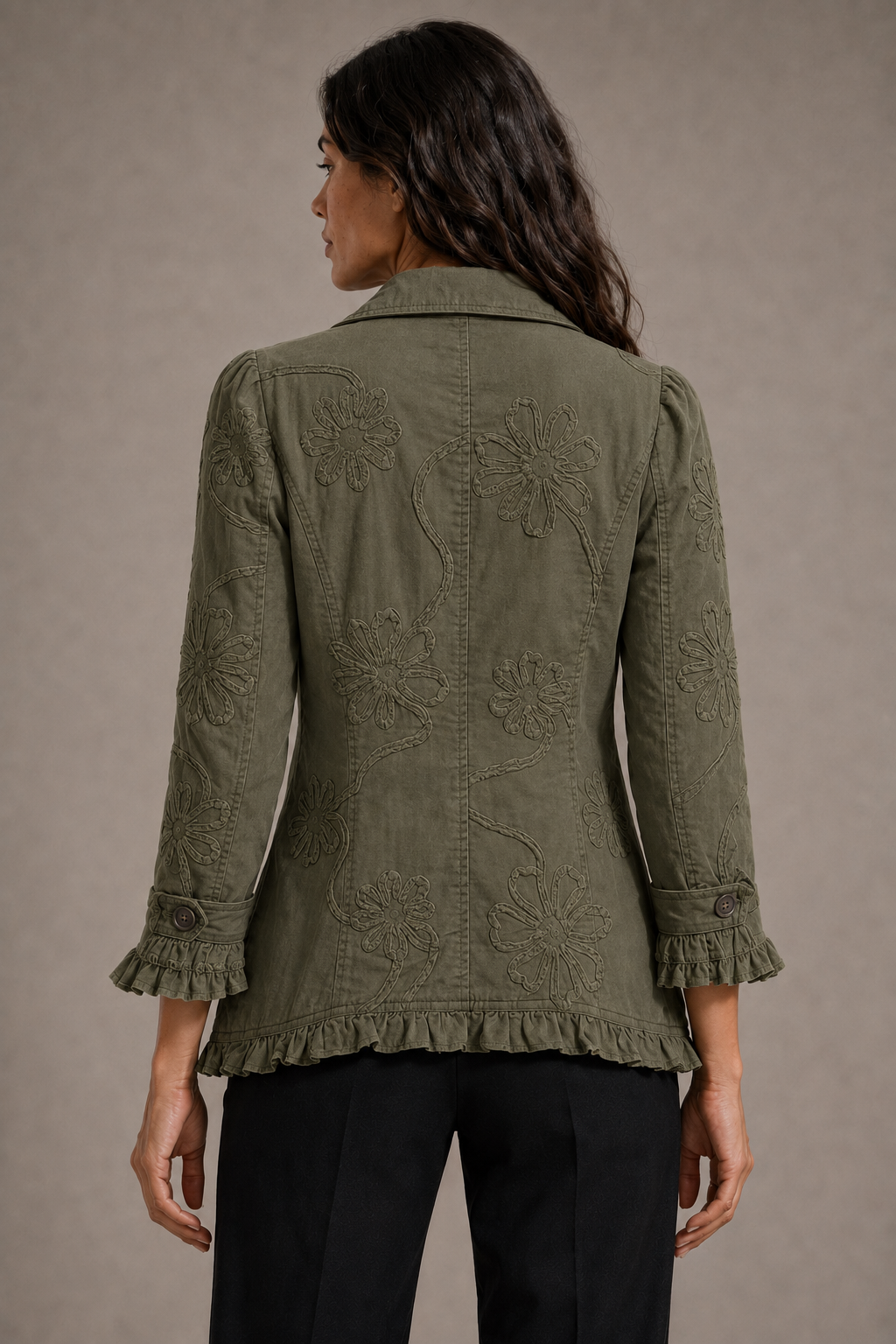 Addolorata | Chaqueta de cachemir verde estampada con volantes