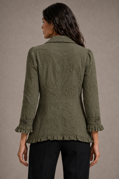 Addolorata | Chaqueta de cachemir verde estampada con volantes