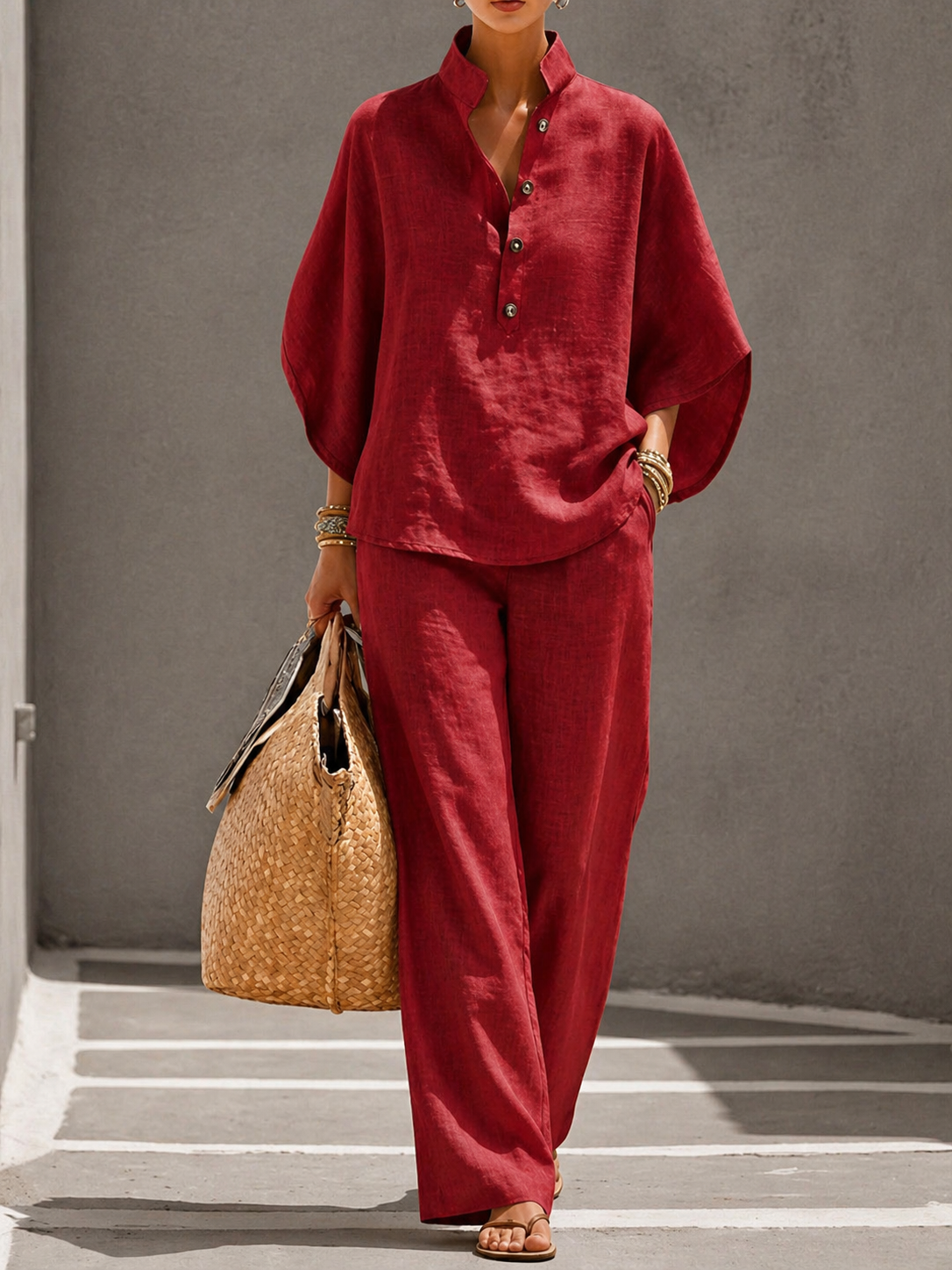 Maribel™ | Conjunto de lino con mangas murciélago y pantalón ancho
