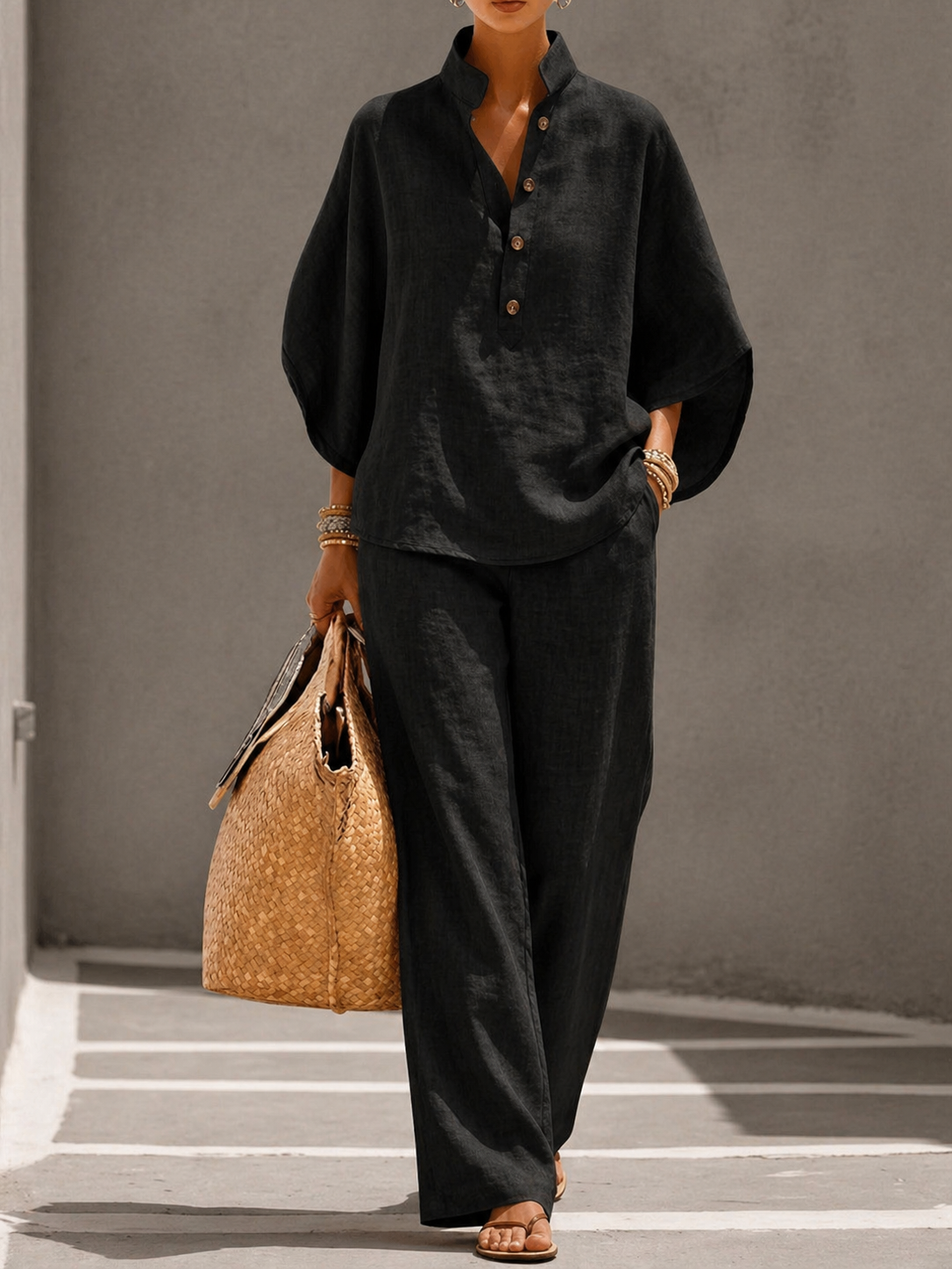Maribel™ | Conjunto de lino con mangas murciélago y pantalón ancho