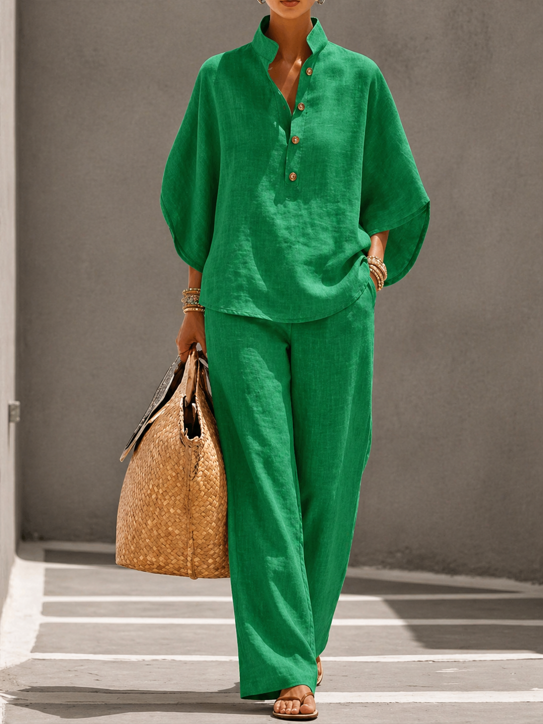 Maribel™ | Conjunto de lino con mangas murciélago y pantalón ancho