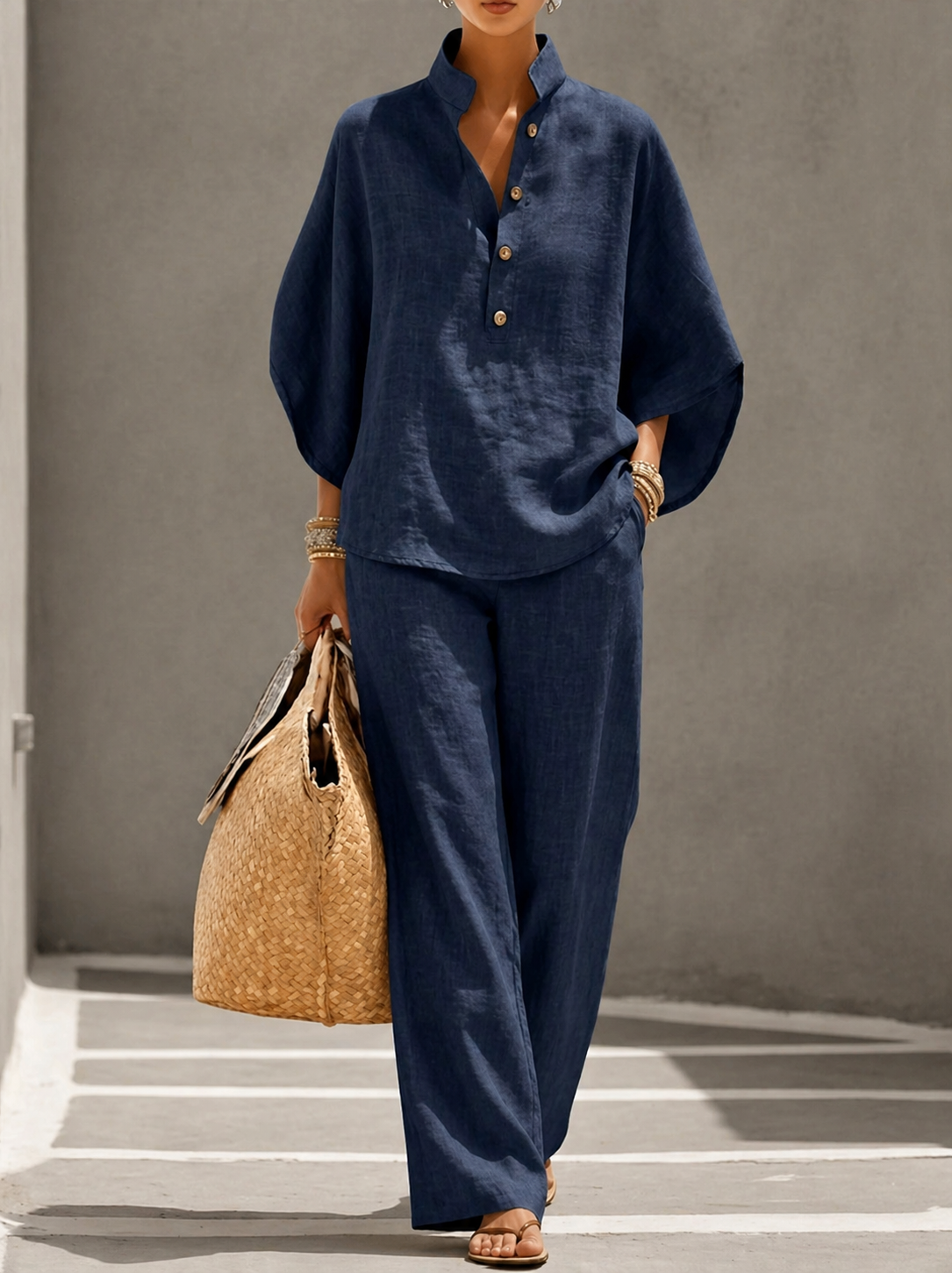 Maribel™ | Conjunto de lino con mangas murciélago y pantalón ancho