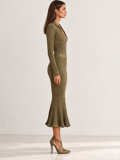 Marta | Vestido midi de punto acanalado con cremallera, bajo de sirena y cinturón de tachuelas