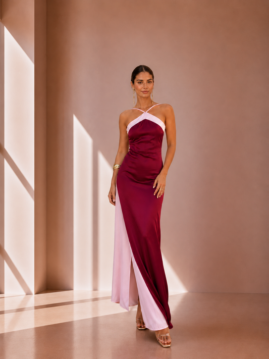 Vestido largo satinado con escote cruzado