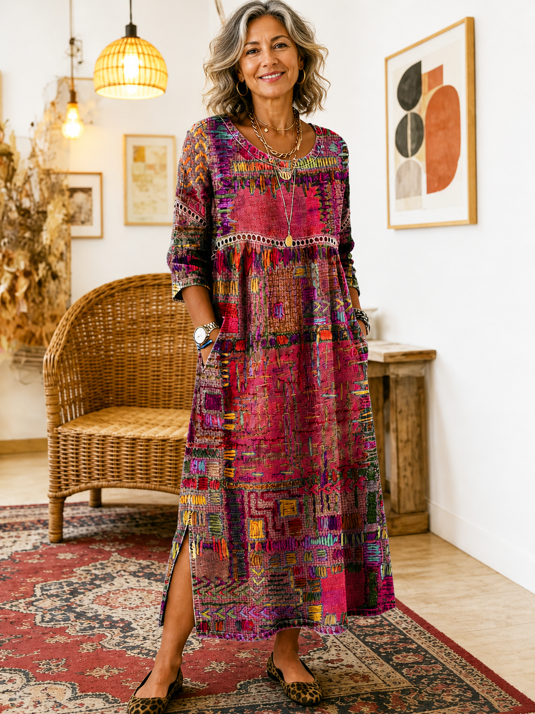 Manuela | Vestido Denim con Patchwork Étnico