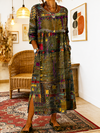 Manuela | Vestido Denim con Patchwork Étnico
