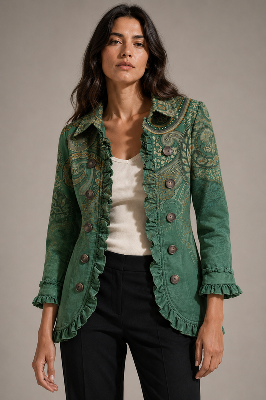 Addolorata | Chaqueta de cachemir verde estampada con volantes